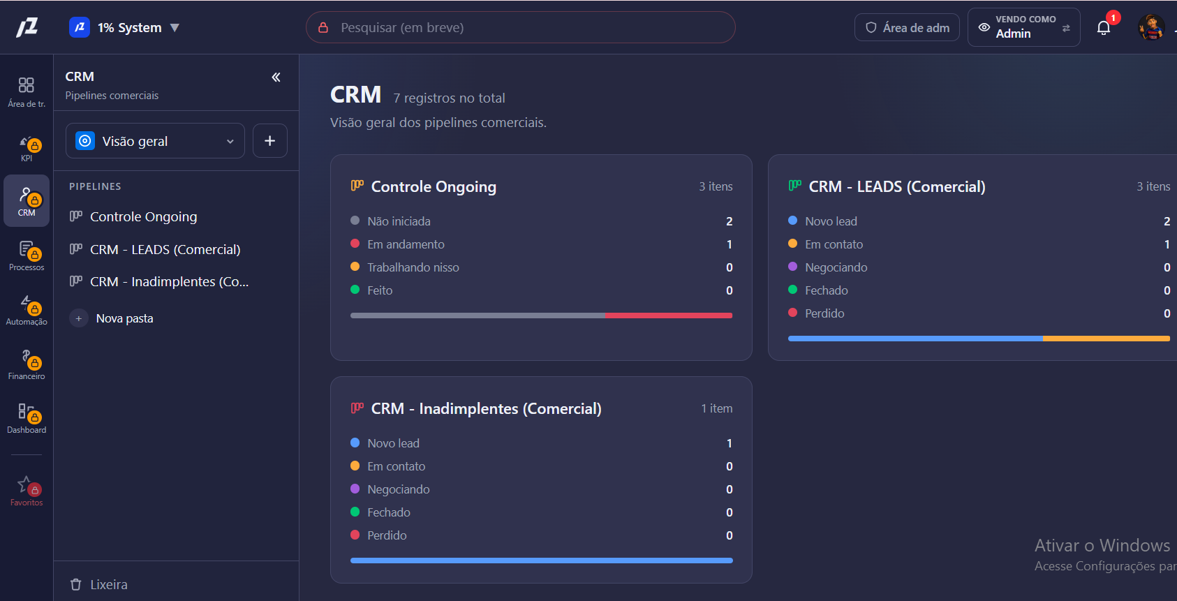 CRM do 1% System com leads por etapa